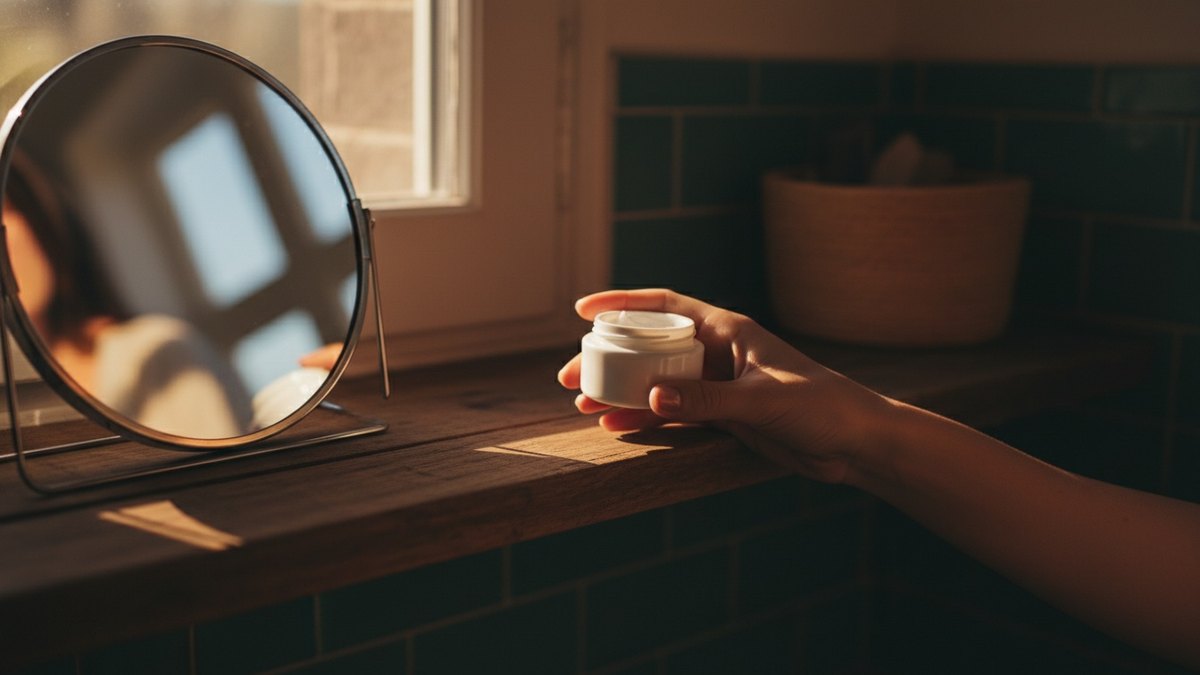 Pot de crème probiotique sur une étagère de salle de bain