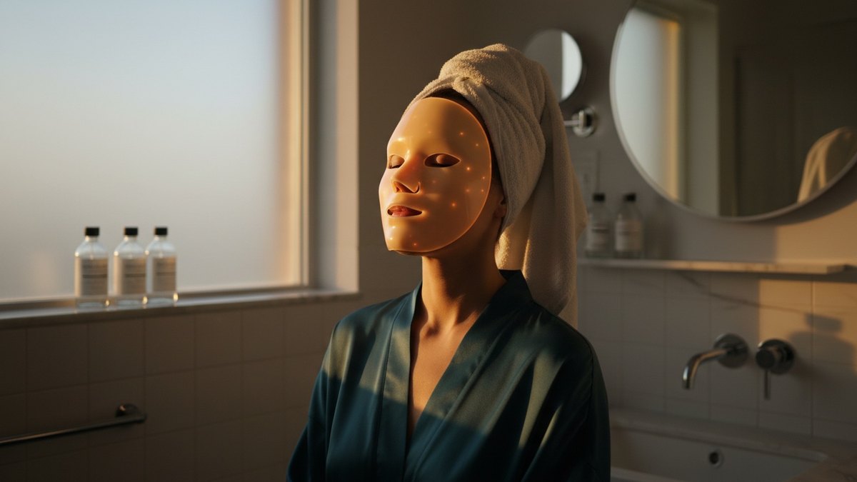 Femme détendue portant un masque LED lumineux dans une salle de bain moderne
