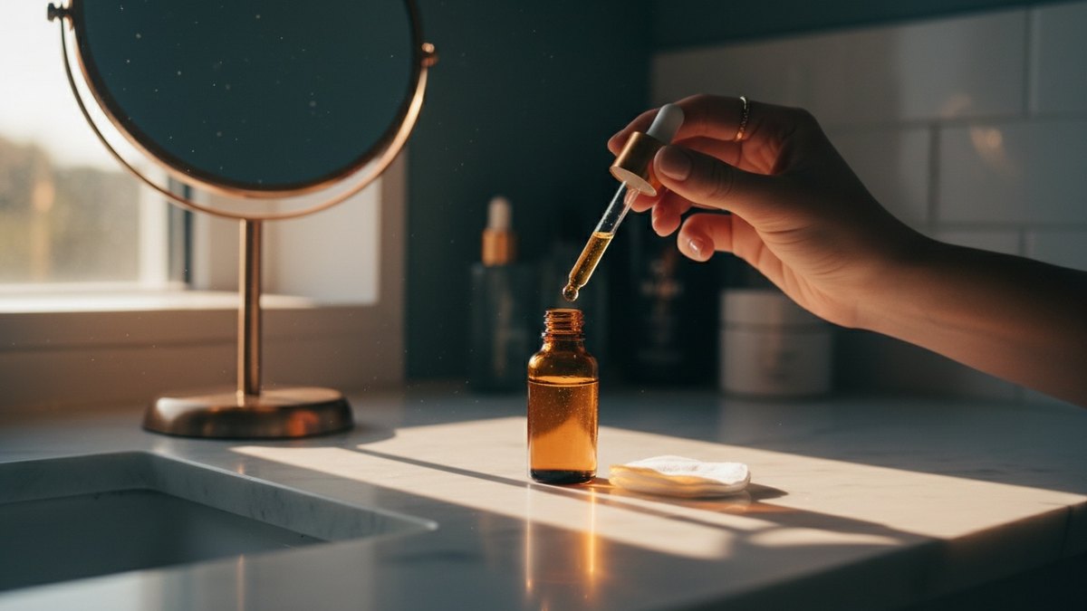 Flacon de sérum à l'acide salicylique posé sur un comptoir de salle de bain