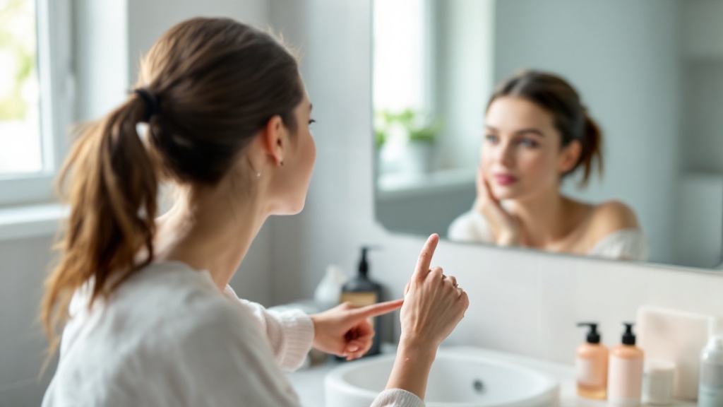 Une femme regardant son reflet dans le miroir de la salle de bain.